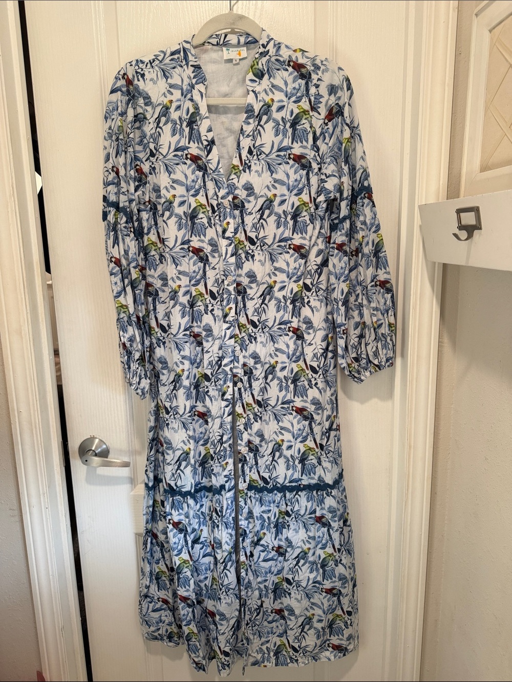 Islapayal 100% Cotton Lined Light Blue Botanical & Parrot-Print Maxi Dress